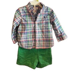 Polo Ralph Lauren 6 months summer green Plaid Shirt & Green Shorts Set and polo